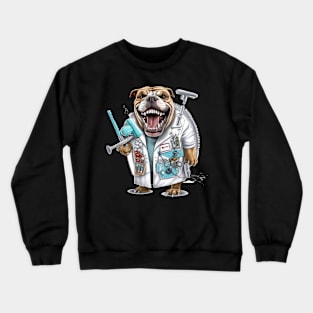 an English Bulldog wearing a dentist's coat and holding a dental drill Crewneck Sweatshirt